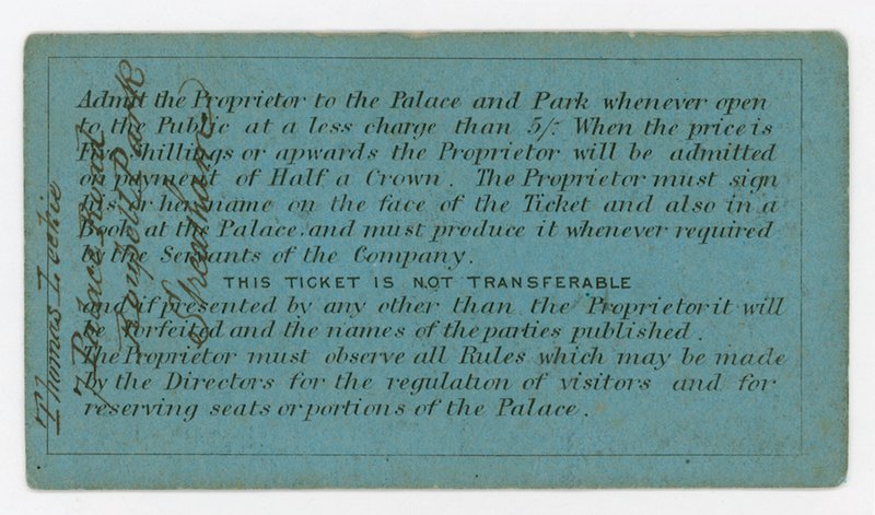 Permanentka pro vstup do Crystal Palace, 186162, reverzní, ukazující pravidla od English School