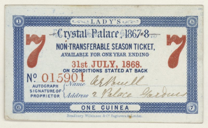 Sezónní vstupenka do Crystal Palace, Londýn, 1867-1868 od English School