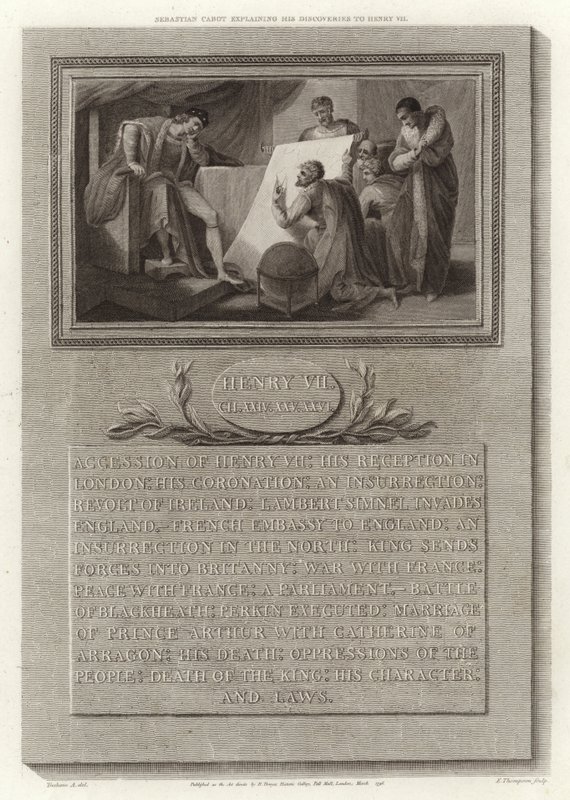 Sebastian Cabot vysvětlující své objevy Jindřichu VII od English School