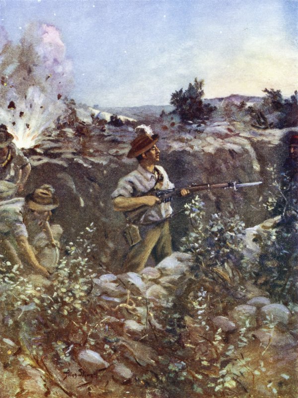 Druhý poručík Hugo Throssell drží část dobytého tureckého zákopu proti nepřátelským protiútokům, Hill 60, Gallipoli, 29. srpna 1915 od English School