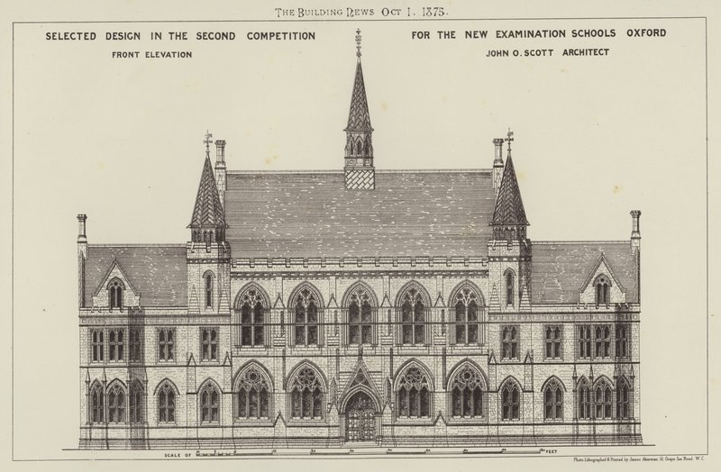 Vybraný návrh ve druhé soutěži pro New Examination Schools Oxford, Front Elevation (rytina) od English School