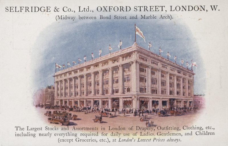 Selfridge and Company Limited, Oxford Street, Londýn, Západ od English School