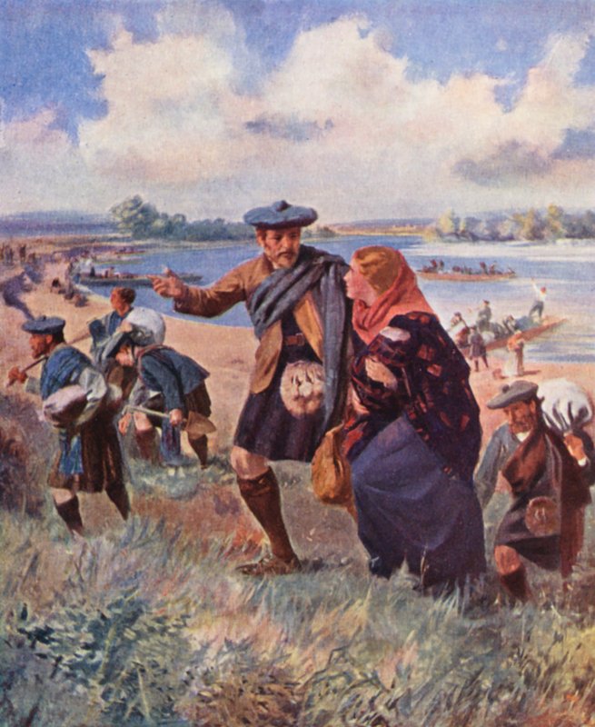Osadníci z Kildonanu přijíždějí k řece Red River v Manitobě (barevná litografie) od English School