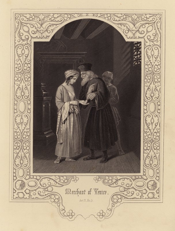 Shakespeare: (rytina): Kupec benátský, 2. dějství, 5. scéna (rytina) od English School