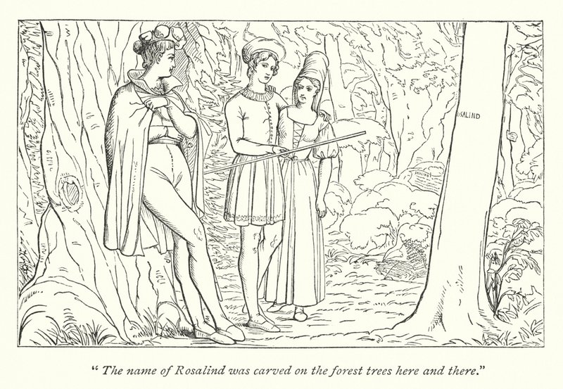 Shakespeare je Jak se vám líbí; Orlando vidí Rosalind převlečenou za Ganymeda (rytina) od English School