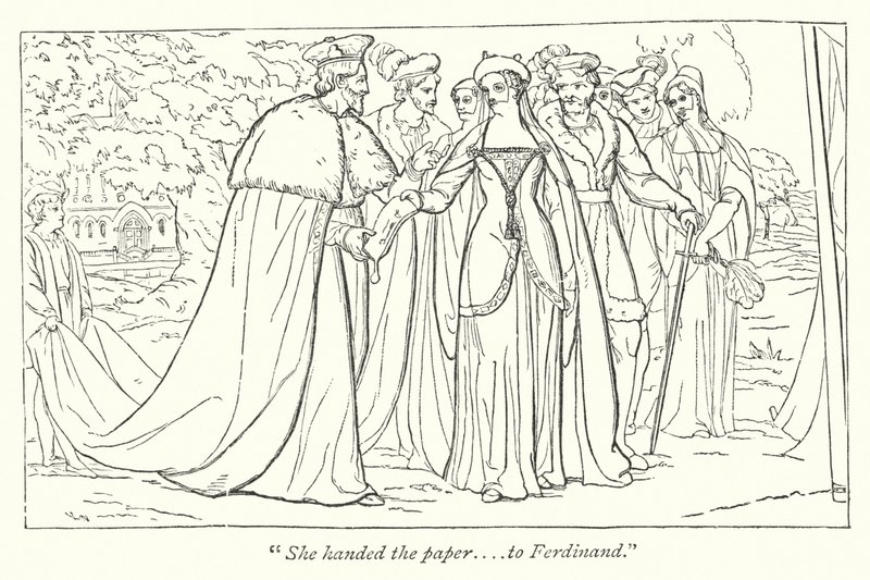 Shakespearova láska je ztracená práce; Francouzská princezna předává Ferdinandovi dokument od svého otce (rytina) od English School