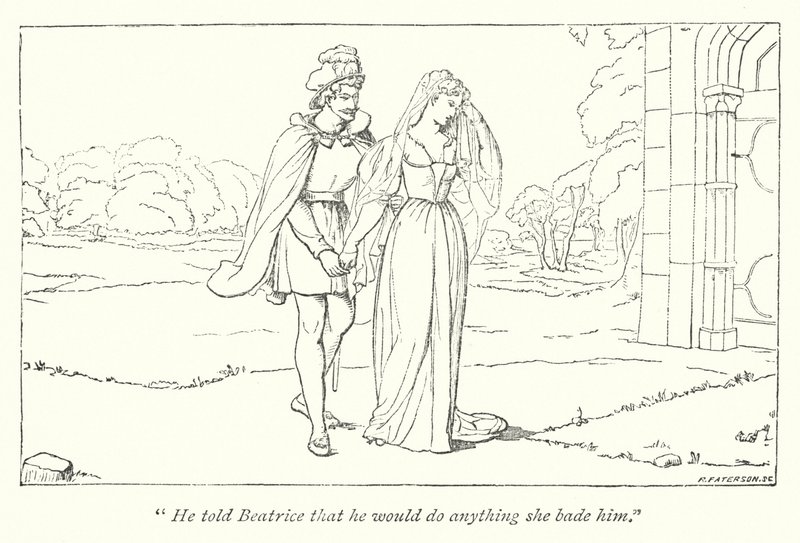 Shakespearův Mnoho povyku pro nic; Beatrice naříká nad Herovou hanbou Benedickovi (rytina) od English School