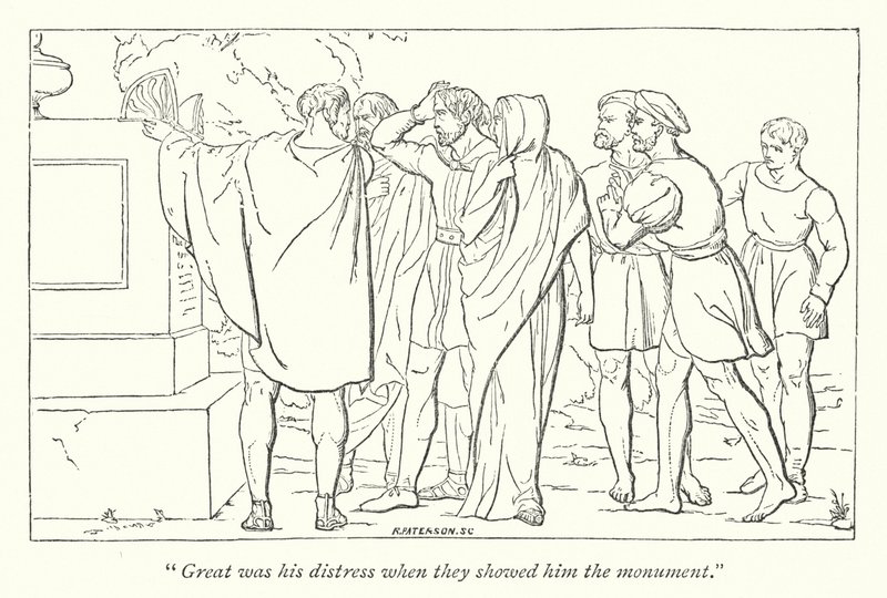 Shakespearův Perikles, princ z Tyru; Cleon ukazuje Periclesovi hrobku Mariny (rytina) od English School