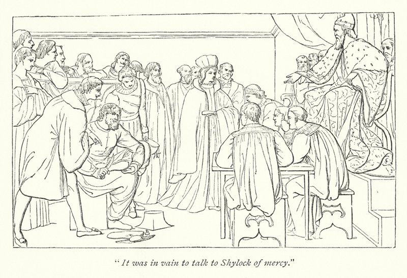 Shakespearův Kupec z Benátek; Soudní dvůr, dóže zve Portii na její místo od English School