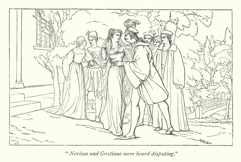 Shakespearův Kupec benátský; Portia se objevuje jako předstíraní doktori práv (rytina) od English School