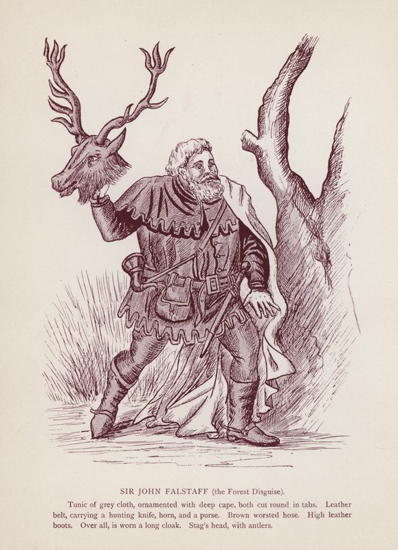 Shakespearovy Veselé paničky z Windsoru: Sir John Falstaff, lesní převlek (litho) od English School