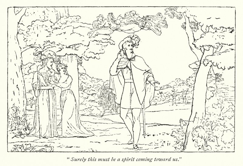 Shakespearova Bouře; Ferdinand vedený Arielovou písní (rytina) od English School