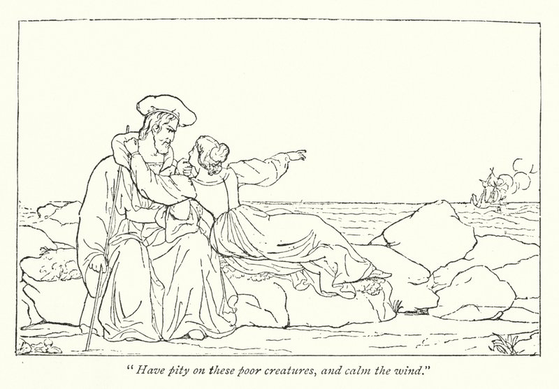 Shakespearova Bouře; Miranda prosí svého otce, aby uklidnil vítr (rytina) od English School