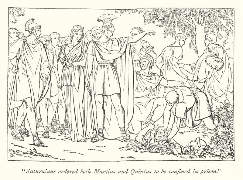 Shakespearův Titus Andronicus; Martius a Quintus zatčeni za vraždu Bassianus (rytina) od English School