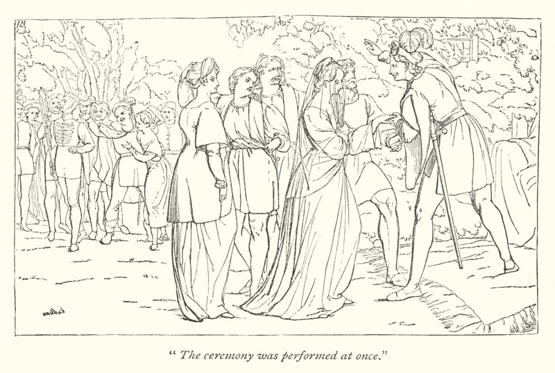 Shakespearova noc dvanáctá; Orsino přijímá Violu z rukou jejího ochránce (rytina) od English School