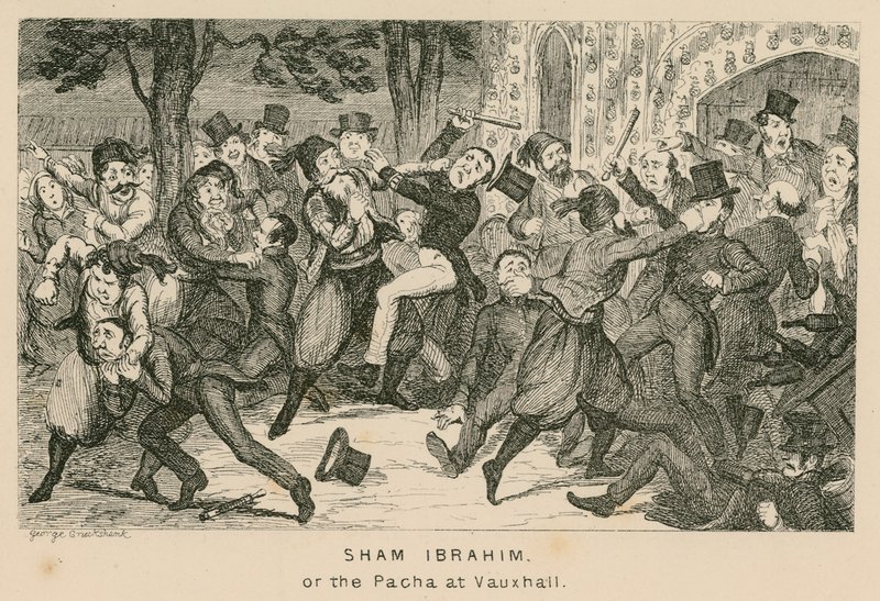Sham Ibrahim nebo Pacha ve Vauxhall Gardens v Londýně od English School