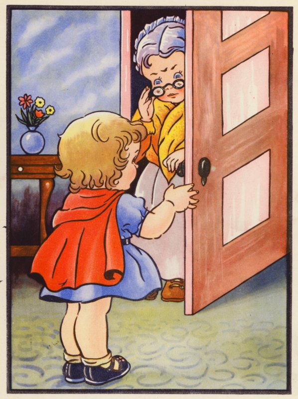 Říká babičce, že je bezpečné vyjít ven (barevná litografie) od English School