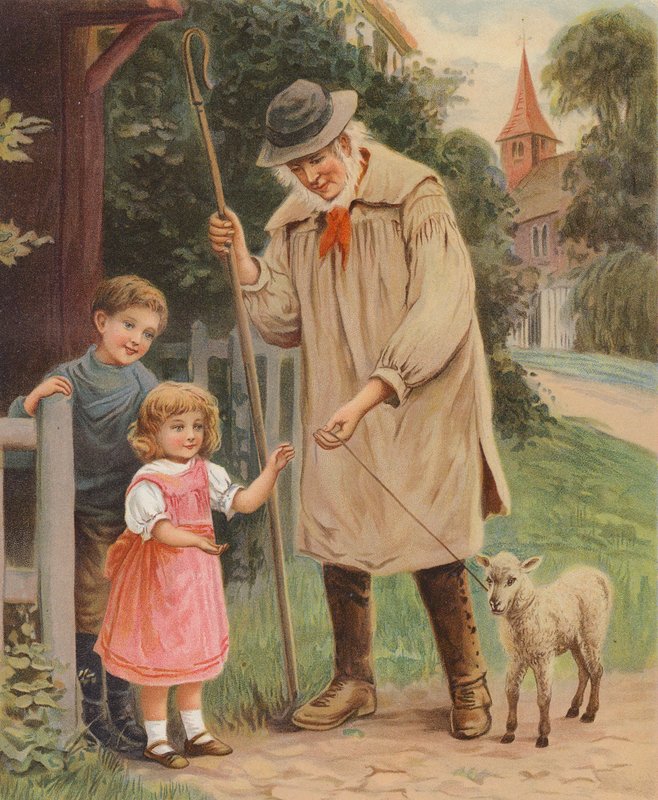 Pastýř dává holčičce otěže domácího jehněte (chromolit) od English School