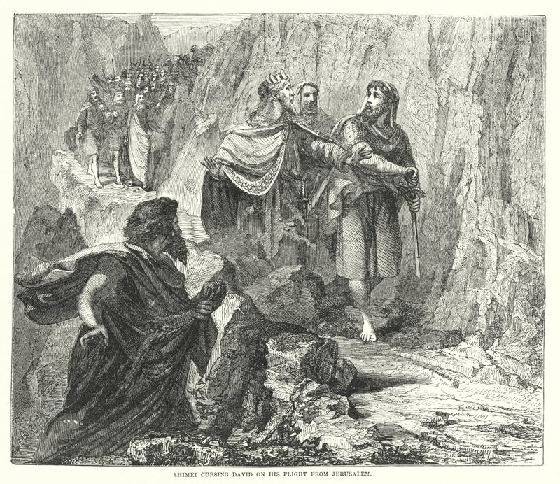 Šimei proklínající Davida při jeho útěku z Jeruzaléma (rytina) od English School