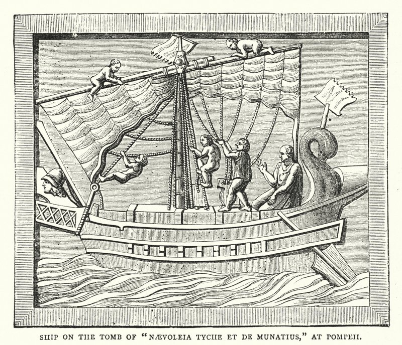 Loď na hrobě "Naevoleia Tyche et de Munatius," v Pompejích (barevná rytina) od English School