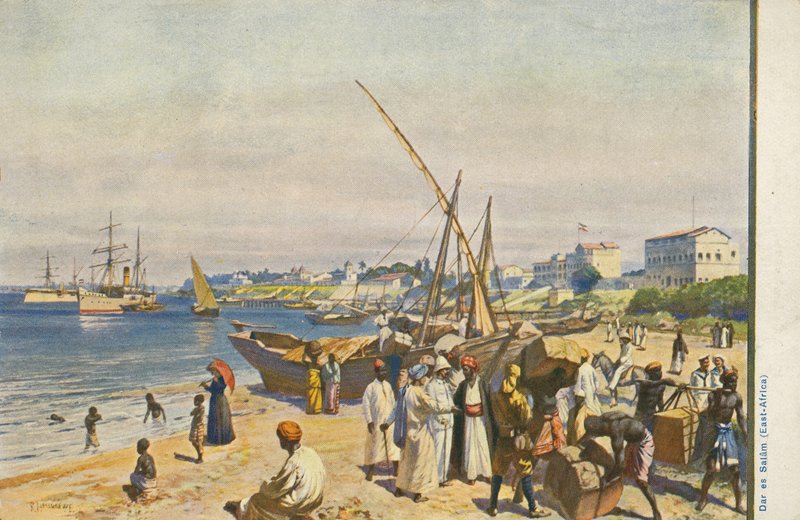 Loď na pláži, Dar es Salaam, Tanzanie (barva litho) od English School