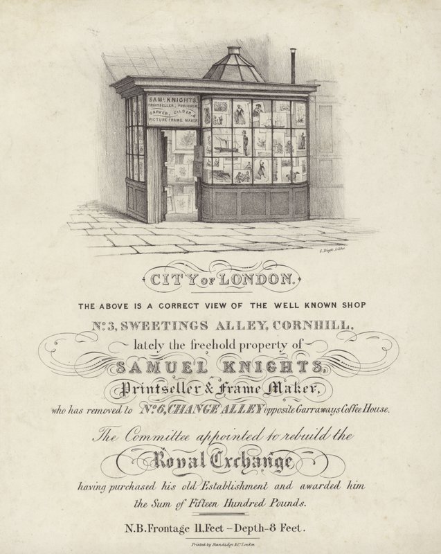 Obchod Samuel Knights, prodejce tiskáren a výrobce rámů, 3 Sweetings Alley, Cornhill, City of London od English School
