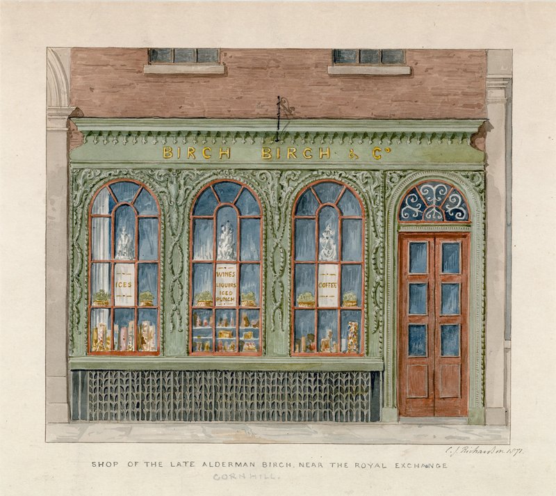 Obchod zesnulého Aldermana Birche poblíž Royal Exchange. 1871 (wc na papíře) od English School
