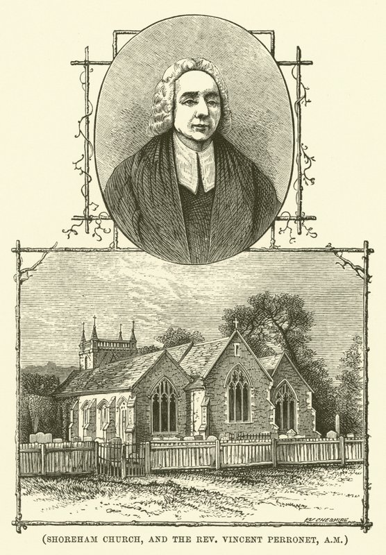 Kostel v Shorehamu a reverend Vincent Perronet, AM (rytina) od English School