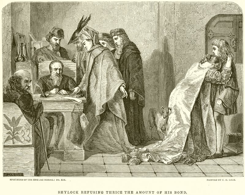 Shylock odmítá třikrát částku svého dluhopisu od English School