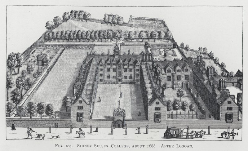 Sidney Sussex College, asi 1688, po Loggan (rytina) od English School