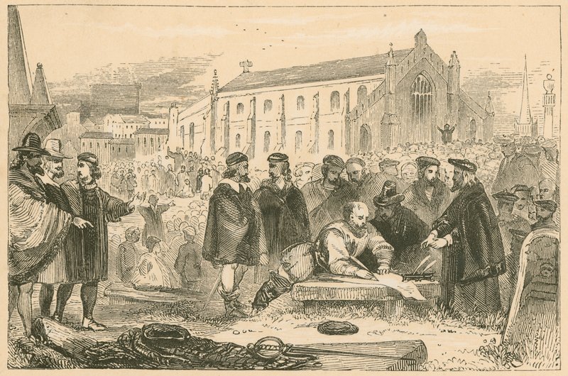 Podepsání smlouvy na hřbitově Greyfriars v Edinburghu od English School