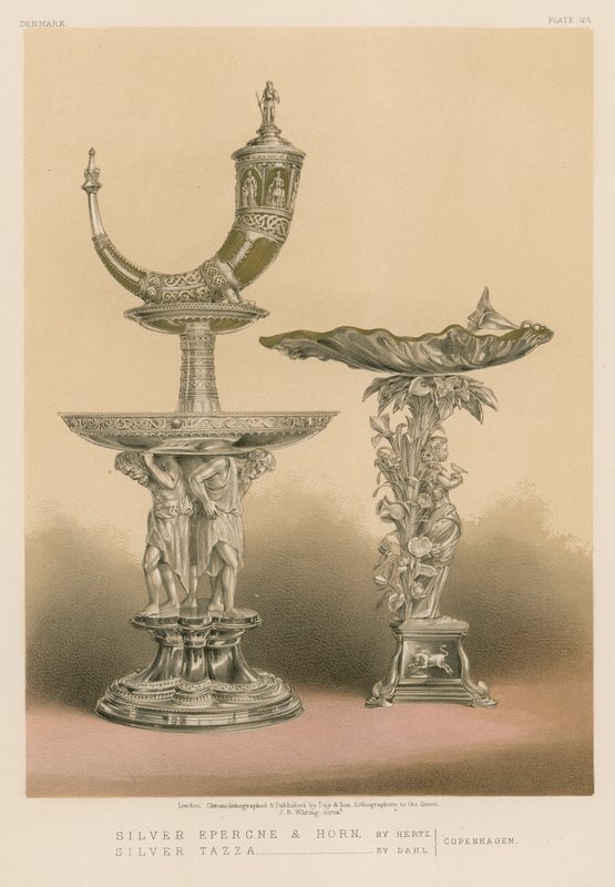 Silver Epergne a Horn od Hertze, Silver Tazza od Dahla, Kodaň od English School
