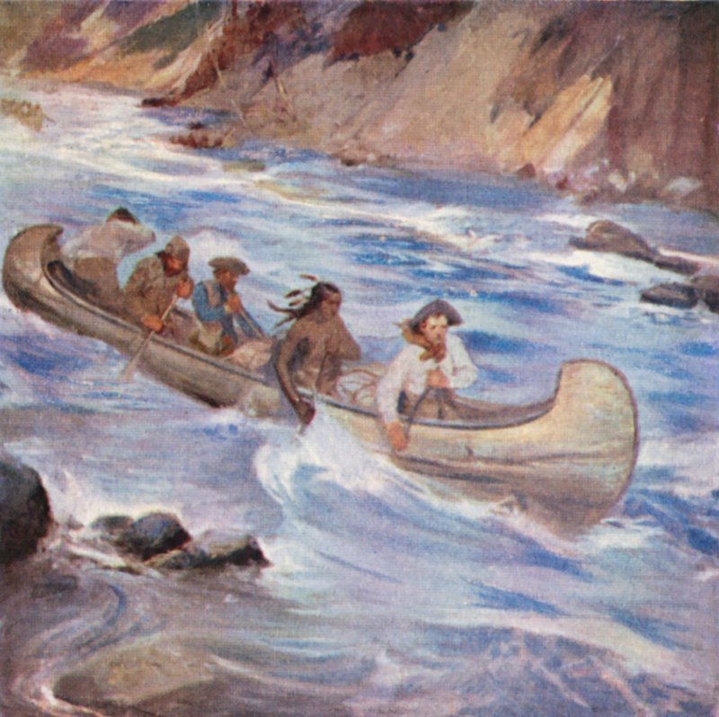 Simon Fraser střílí na peřejích řeky Fraser (barevná litografie) od English School