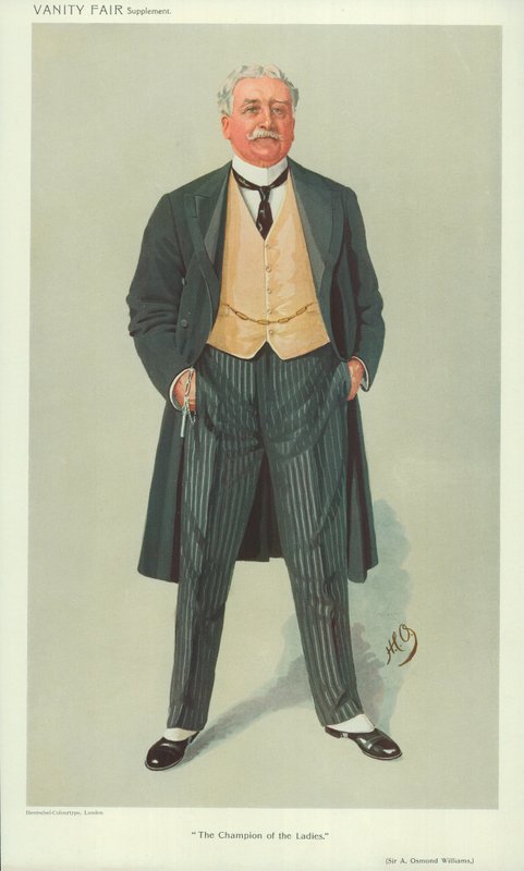 Sir A Osmond Williams, šampion dam, 1. prosince 1909, karikatura Vanity Fair od English School
