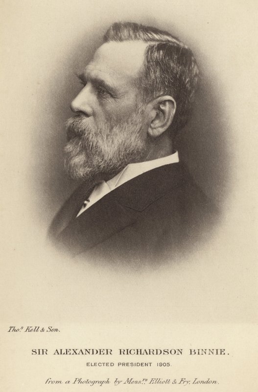 Sir Alexander Richardson Binnie zvolen prezidentem Institution of Civil Engineers v roce 1905 od English School