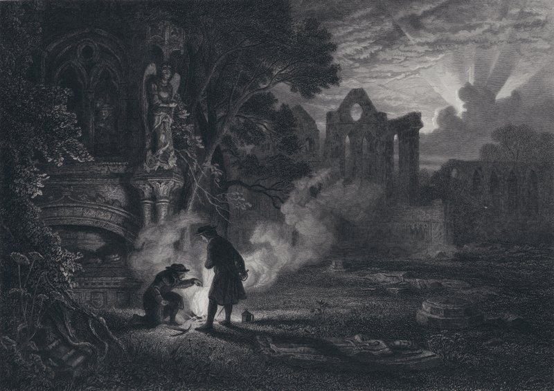 Sir Arthur a Dousterswivel v ruinách St Ruth (rytina) od English School