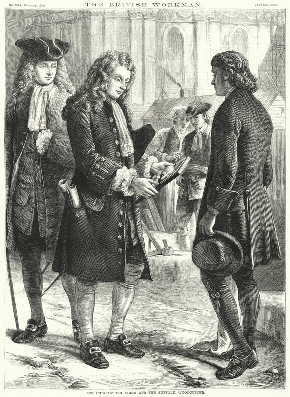 Sir Christopher Wren a Suffolk Woodcutter (rytina) od English School