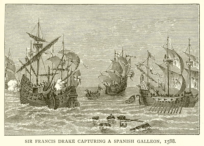 Sir Francis Drake zachycující španělskou galeonu, 1588 od English School