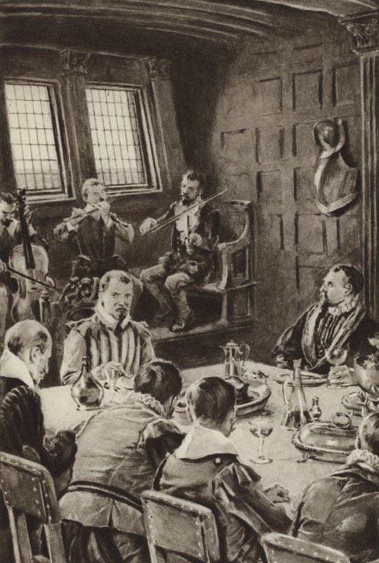 Sir Francis Drake večeří v The Golden Hind za zvuku houslí od English School