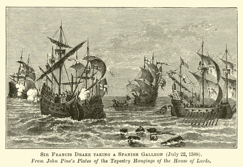 Sir Francis Drake veze španělskou galeonu, 22. července 1588 od English School