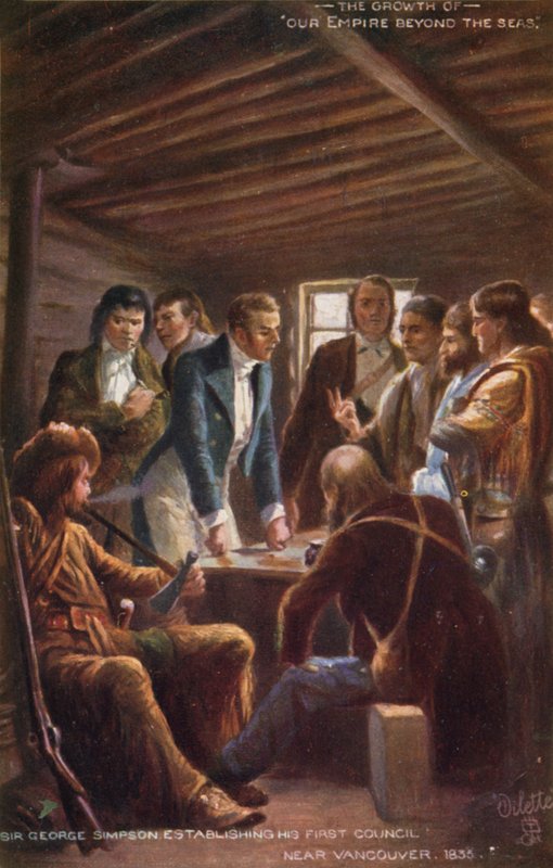 Sir George Simpson zakládá svou první radu poblíž Vancouveru, 1835 od English School