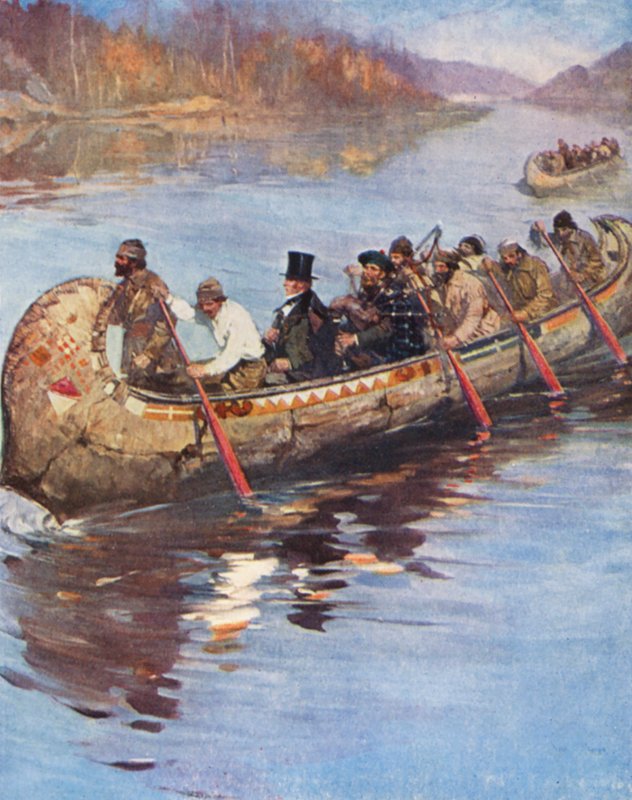 Sir George Simpson na inspekční cestě od Hudsonova zálivu k pobřeží Tichého oceánu (barevná litografie) od English School