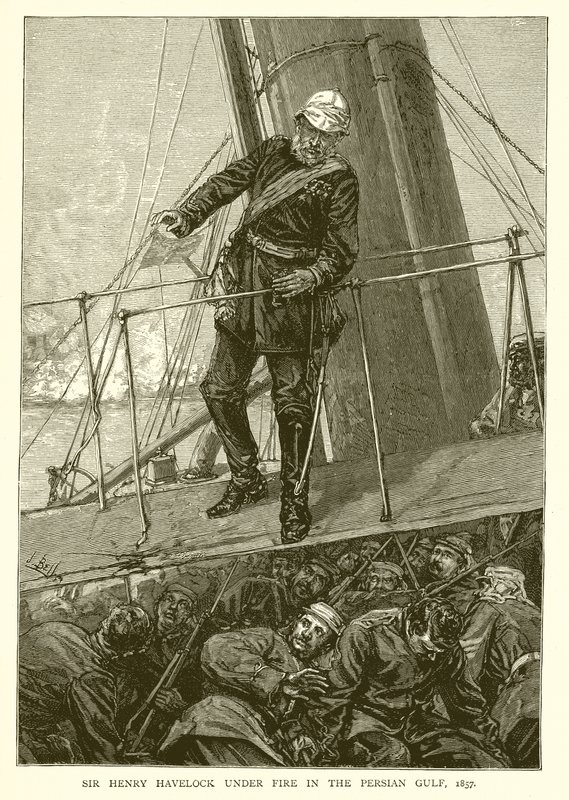 Sir Henry Havelock pod palbou v Perském zálivu, 1857 od English School