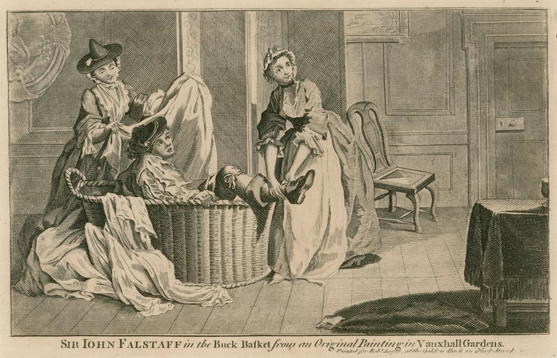 Sir John Falstaff v buck koši z originálního obrazu ve Vauxhall Gardens v Londýně od English School
