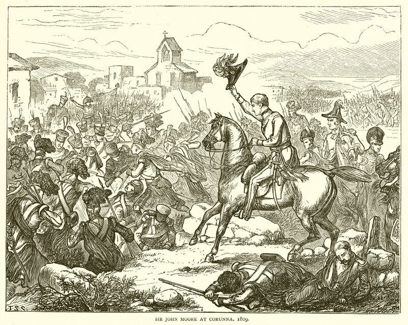 Sir John Moore v Corunně, 1809 od English School