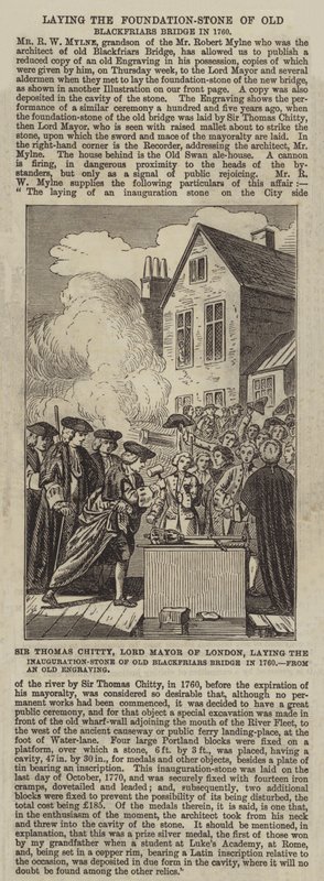 Sir Thomas Chitty, primátor Londýna, pokládání inauguračního kamene Old Blackfriars Bridge v roce 1760 od English School