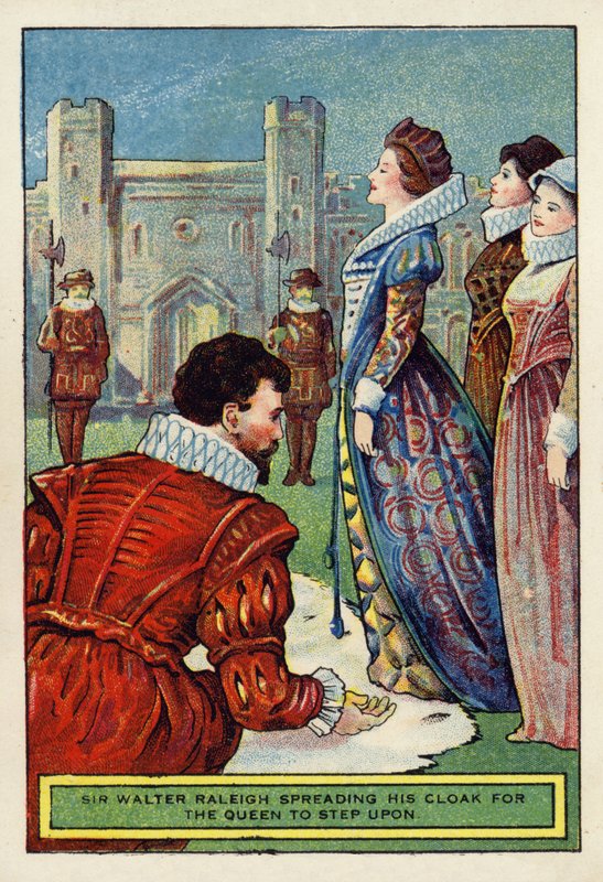 Sir Walter Raleigh rozprostírá svůj plášť, aby královna nastoupila od English School