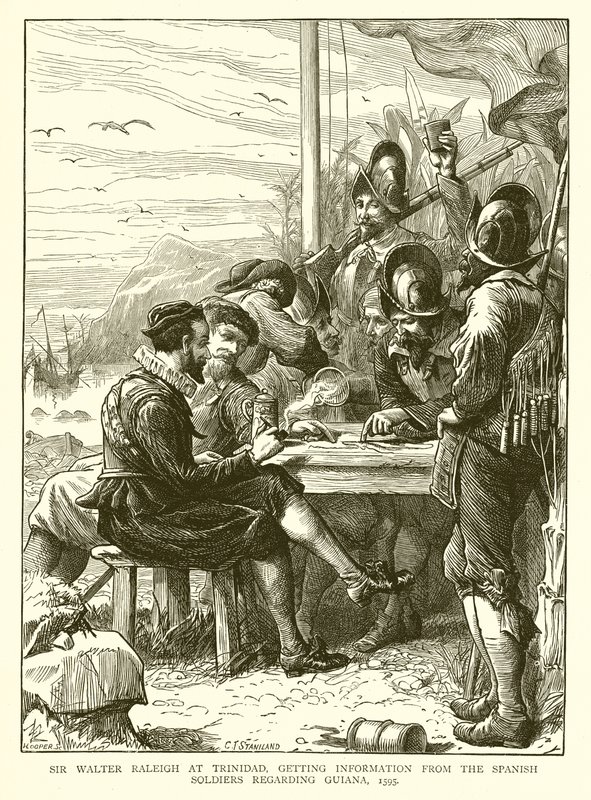 Sir Walter Raleigh na Trinidadu, získávání informací od španělských vojáků ohledně Guyany, 1595 od English School
