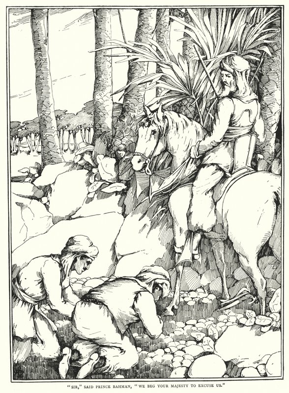 "Pane," řekl princ Bahman, "prosíme Vaše Veličenstvo, aby nás omluvilo." (rytina) od English School
