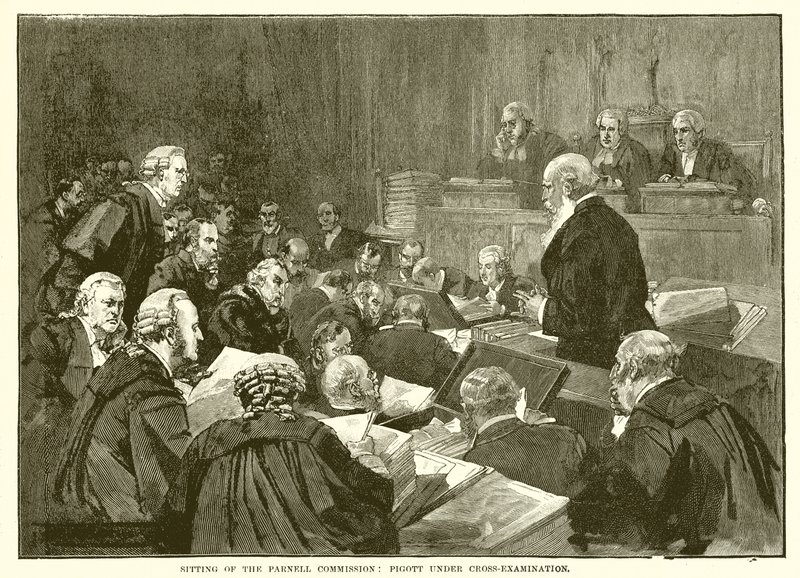 Zasedání v Parnellově komisi: Pigott pod křížovým výslechem od English School